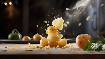 Boiled potatoes on a wooden board with a splash of water.の素材