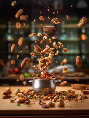 Flying almond flakes falling into a pot with flying almond flakes on a wooden tableの素材