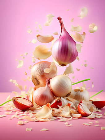 Creative layout made of fresh onion, garlic and petals on pink backgroundの素材