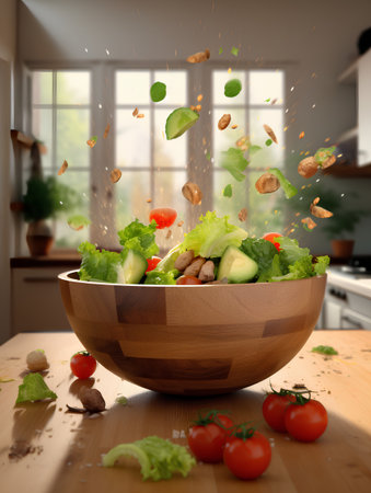 Fresh salad with flying vegetables in wooden bowl on kitchen background. Healthy food conceptの素材
