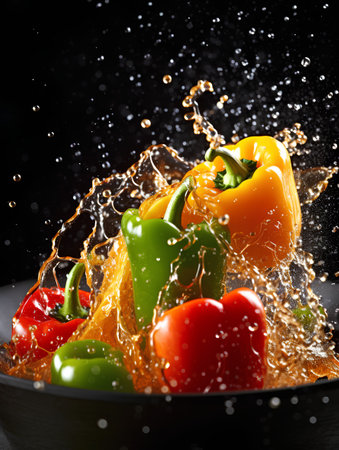 Colorful bell peppers with splashes of water on a black backgroundの素材