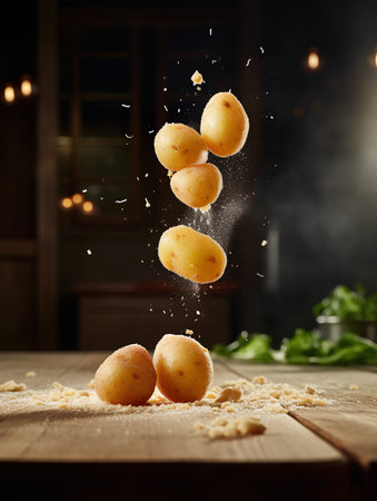 Falling potatoes on a wooden table in the kitchen at sunset.の素材