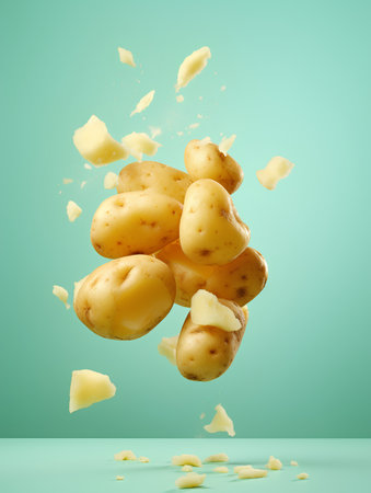 Flying potato isolated on green background. 3d render. Vegetarian food conceptの素材