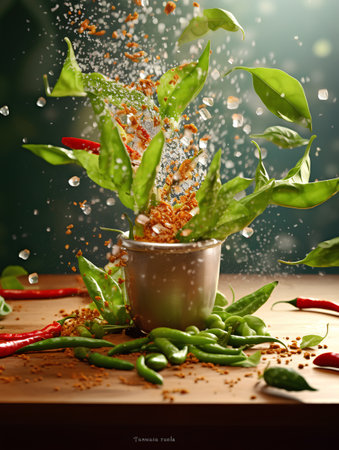 Fresh chili peppers falling into mortar with splashes of water on wooden tableの素材