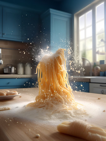 Spaghetti falling into the air on the background of a kitchen interiorの素材