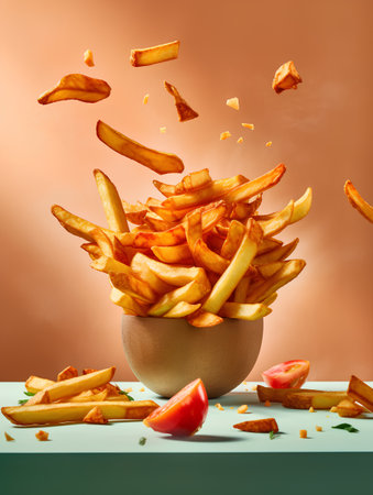 french fries flying in the air. 3d render illustration.の素材