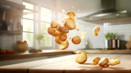 Flying potato wedges on wooden table with blurred kitchen interior in backgroundの素材