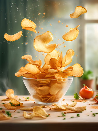 Potato chips in a glass bowl with splashes and drops.の素材