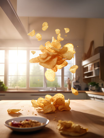 Flying potato chips on the table in the kitchen. 3d renderingの素材