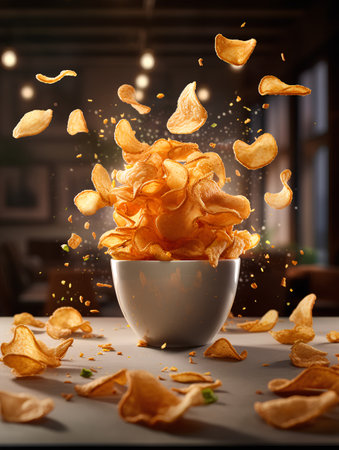Potato chips flying out of a bowl. Concept of fast food.の素材