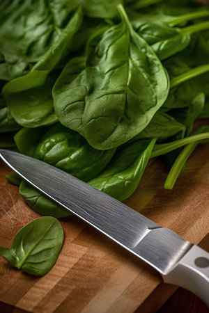 Fresh green spinach leaves with a knife on a wooden cutting board.の素材