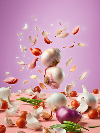 Composition with flying garlic, onion and cherry tomatoes on pink backgroundの素材
