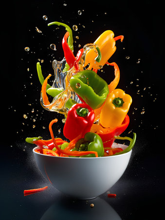 Colorful bell peppers falling into a bowl with splashes on black backgroundの素材