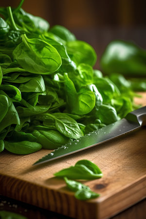 Fresh green basil leaves on a cutting board with a kitchen knife.の素材