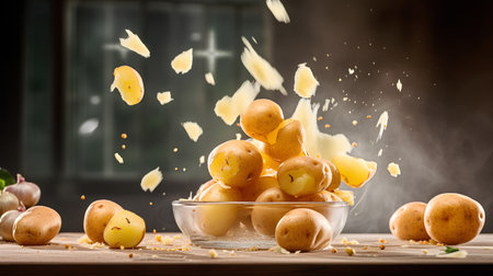 Falling potatoes into a bowl with splashes on a wooden table.の素材