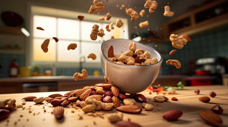 Flying nuts in a cup on a wooden table in the kitchen.の素材