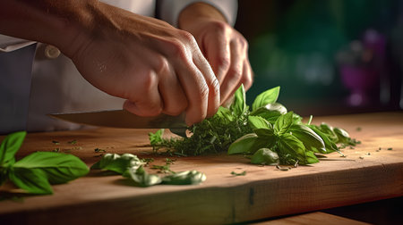 Chef cutting fresh basil leaves on wooden board. Selective focusの素材