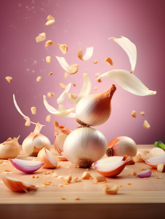 Flying onions and garlic on a wooden cutting board. 3d renderingの素材