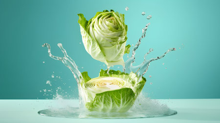 Cabbage with splashes of water on a green background. 3d renderingの素材