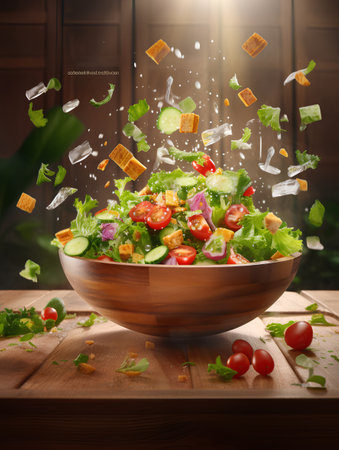 Fresh vegetable salad in wooden bowl with flying ingredients, healthy food conceptの素材