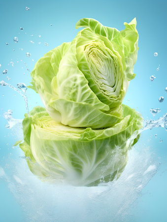 Fresh green cabbage with water splashes on blue background. 3d renderingの素材