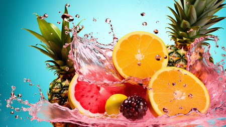 Fruit in water splash on blue background. Healthy food. Mixed mediaの素材