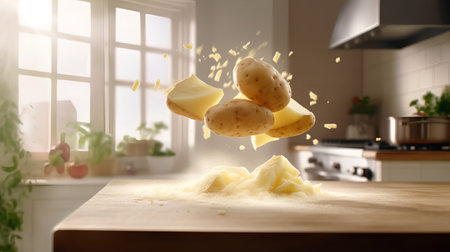 Flying potato wedges on kitchen countertop. Flying potato pieces.の素材
