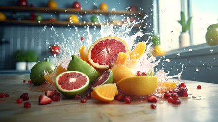 Variety of citrus fruit falling into water splashes on kitchen backgroundの素材
