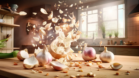 Garlic and onion falling on the table in the kitchen. Concept of healthy eating.の素材