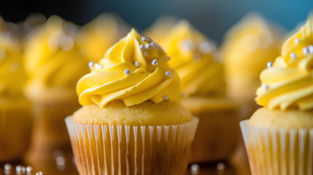 Cupcakes decorated with yellow buttercream frosting. Selective focus.の素材