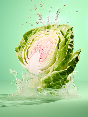 Cabbage with water splash isolated on green background. 3d illustrationの素材