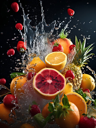 Water splash with fruits and berries on black background. Healthy food concept.の素材