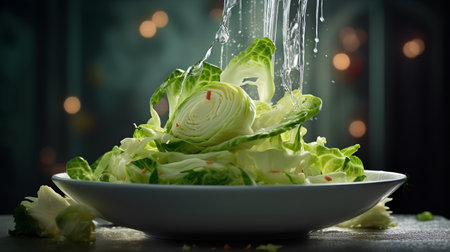 Fresh cabbage with water drops on a dark background. Selective focus.の素材