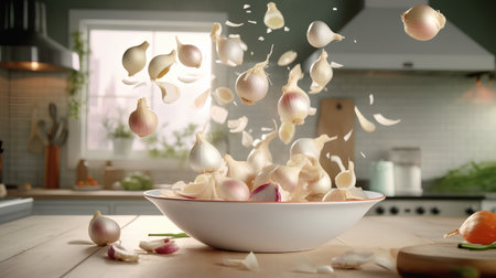 Garlic falling into a bowl on a wooden table in the kitchenの素材