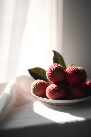 Fresh ripe lychees in a plate on a white tableclothの素材