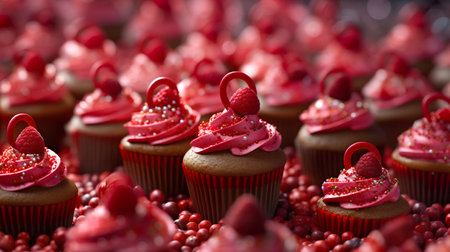 Cupcakes with red cream and berries on a blurred background.の素材