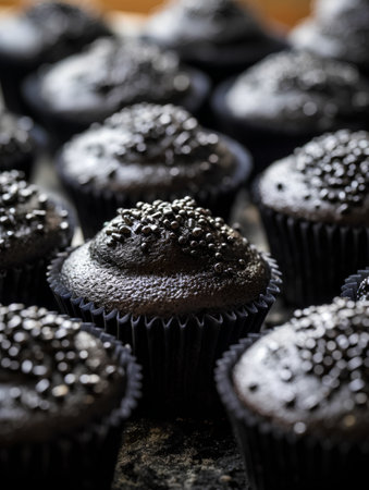 Chocolate muffins with poppy seeds on a wooden background. Selective focus.の素材