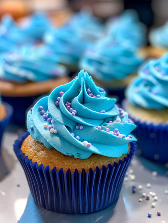 Cupcakes decorated with blue buttercream icing and sprinkles.の素材