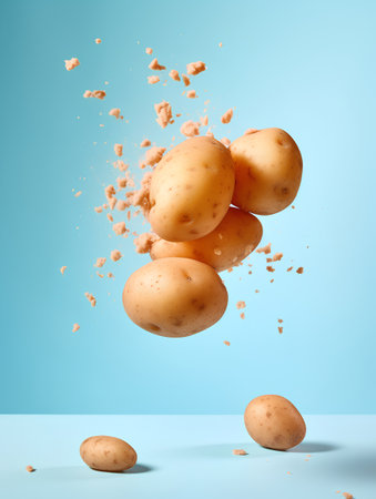 Flying potato on blue background. 3d illustration. Concept of healthy foodの素材