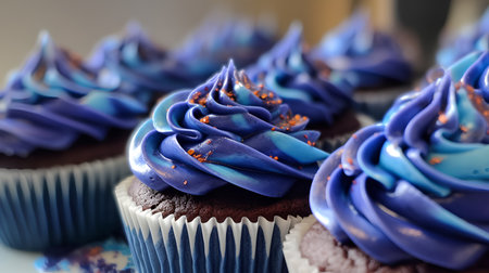 Cupcakes with blue buttercream frosting and chocolate frostingの素材