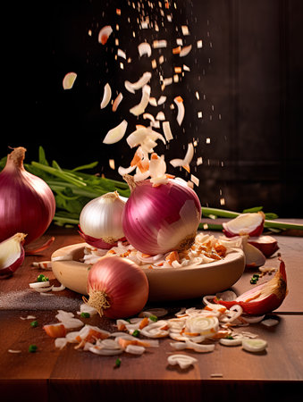 Flying onions on a wooden table. Garlic, onion, garlic.の素材