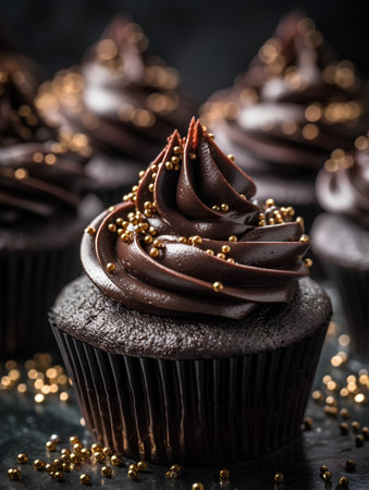 Chocolate cupcakes with butter cream and chocolate shavings on dark backgroundの素材