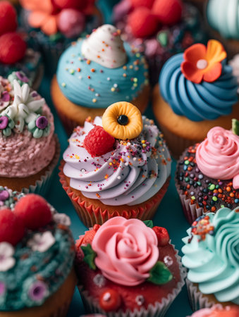 Cupcakes decorated with flowers and berries on a blue background.の素材