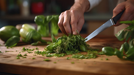 Male hands cutting fresh green basil on wooden cutting board in the kitchenの素材