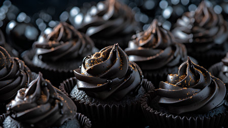 Delicious chocolate cupcakes on a black background. Toned.の素材