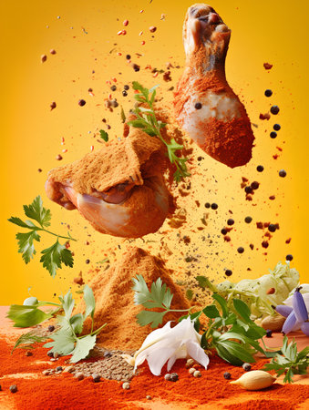 Raw chicken legs with spices and herbs flying in the air on orange backgroundの素材