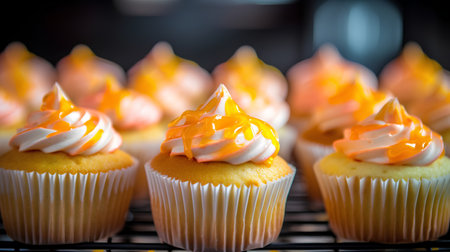 Cupcakes with orange buttercream on top. Selective focus.の素材