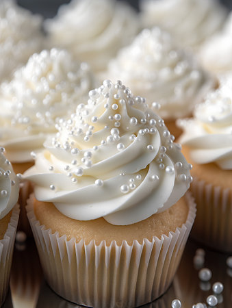 Cupcakes decorated with white frosting and pearls on a wooden backgroundの素材