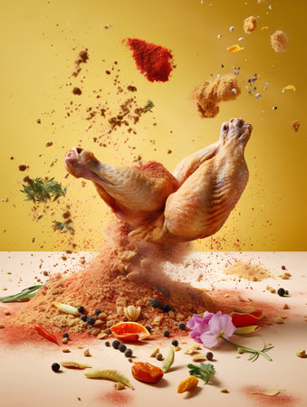 Falling chicken with spices and herbs isolated on yellow background. Food levitation conceptの素材