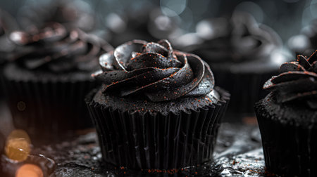 Chocolate cupcakes with chocolate frosting on a black background.の素材